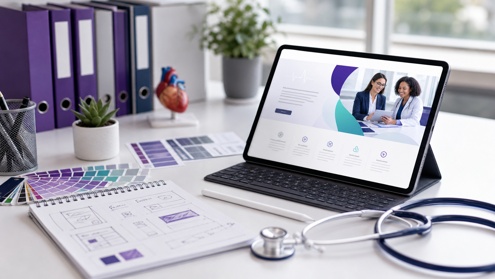Brand artwork and website visuals on a professional workspace